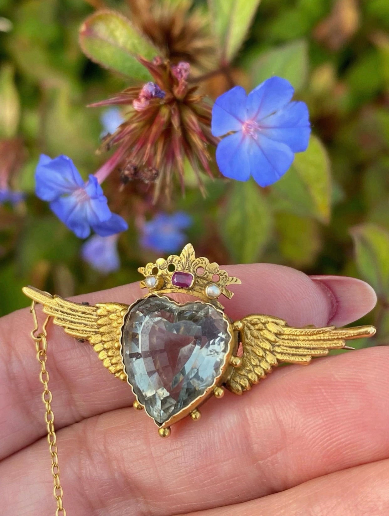 Edwardian Winged Heart Brooch 15ct Gold Natural Aquamarine, Ruby & Pearl c.1900 Antique Angel Wing Crown Design Collectible Jewel