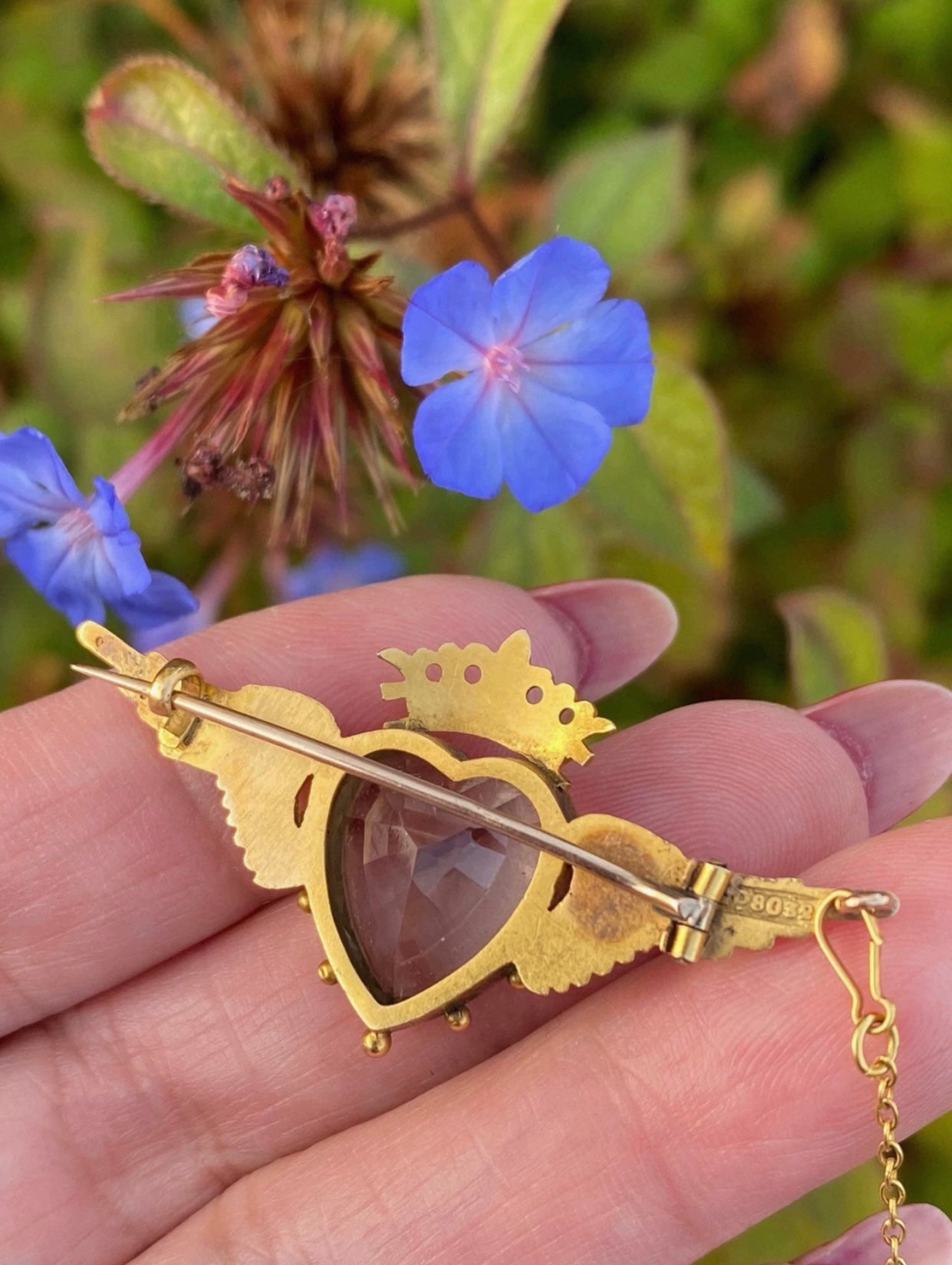 Edwardian Winged Heart Brooch 15ct Gold Natural Aquamarine, Ruby & Pearl c.1900 Antique Angel Wing Crown Design Collectible Jewel