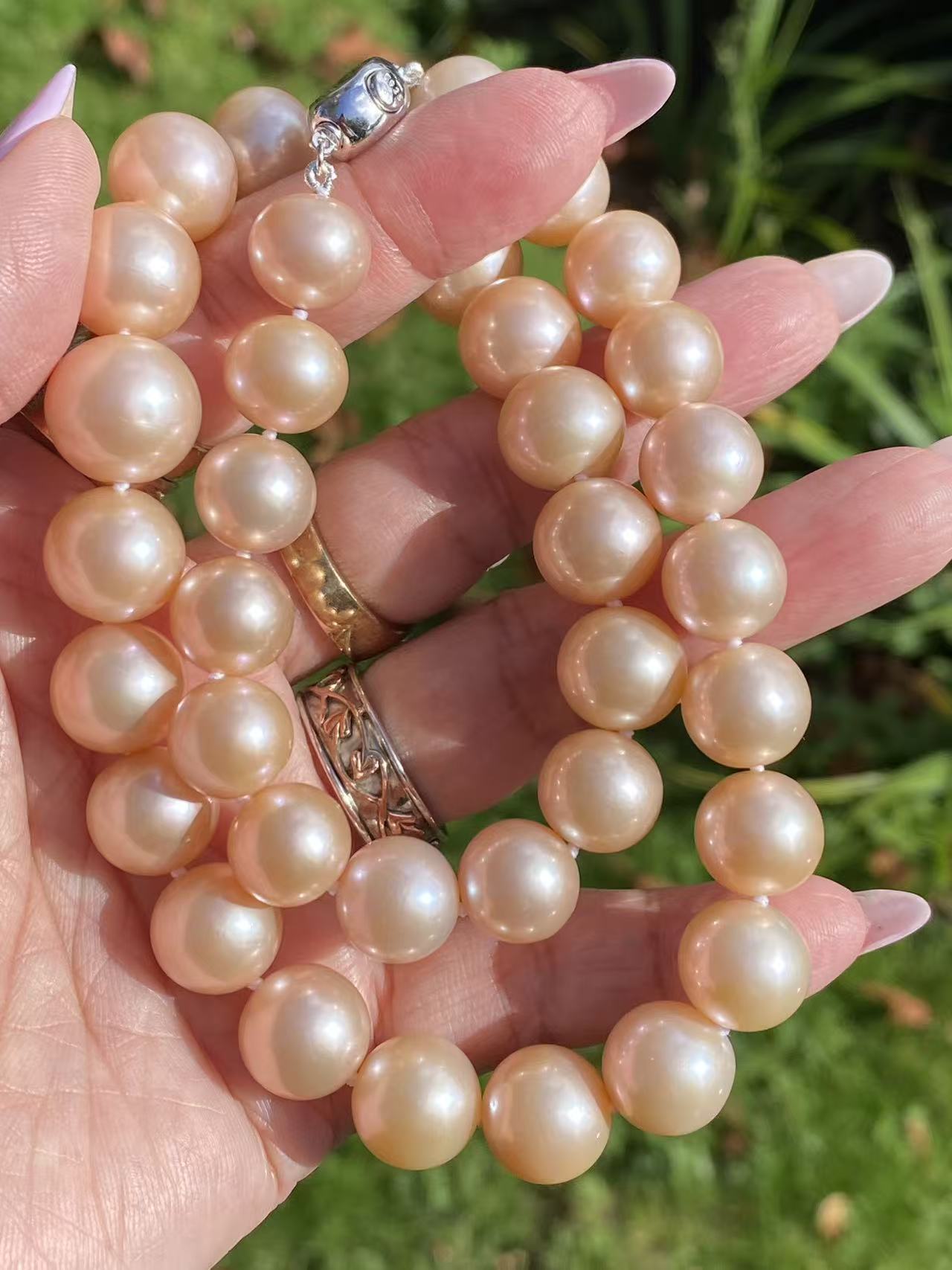 Pink-Gold Freshwater Pearl Necklace 11.3–13.9mm | High Luster S925 Silver Clasp