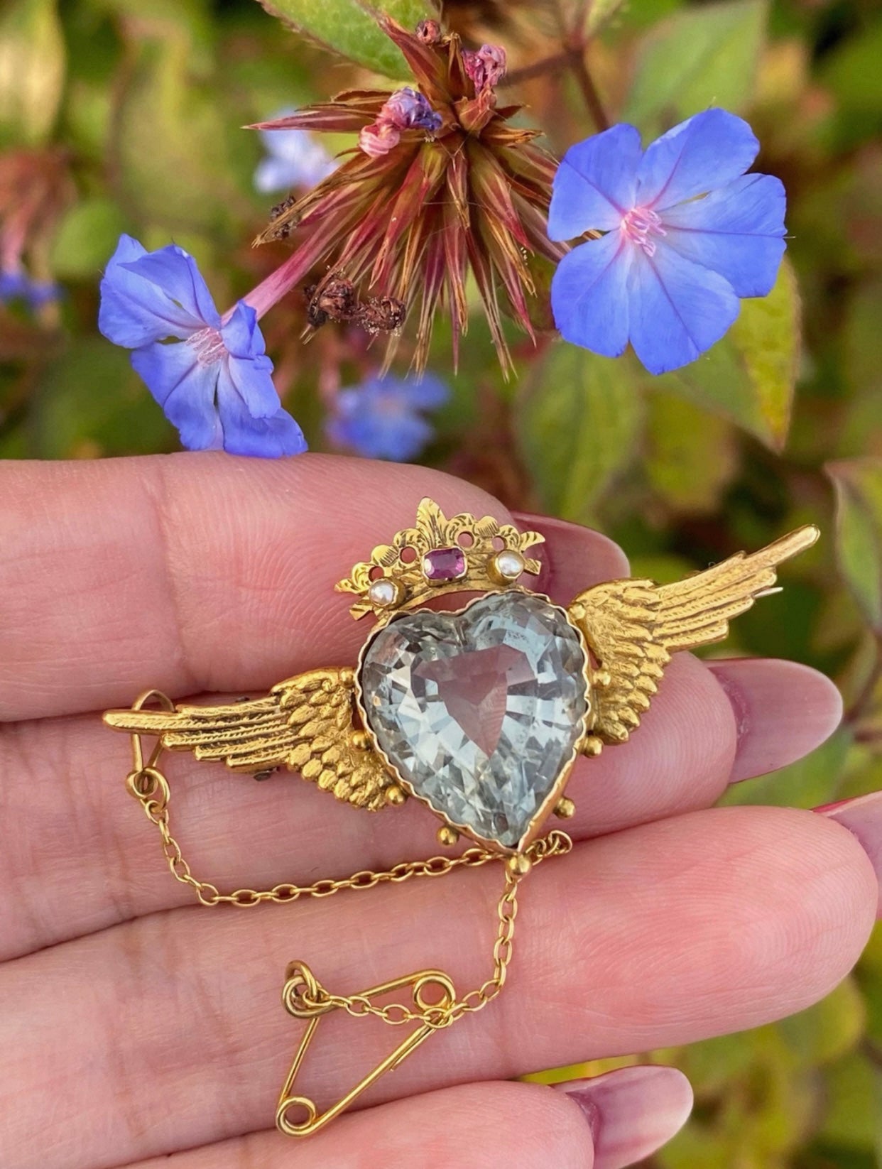 Edwardian Winged Heart Brooch 15ct Gold Natural Aquamarine, Ruby & Pearl c.1900 Antique Angel Wing Crown Design Collectible Jewel