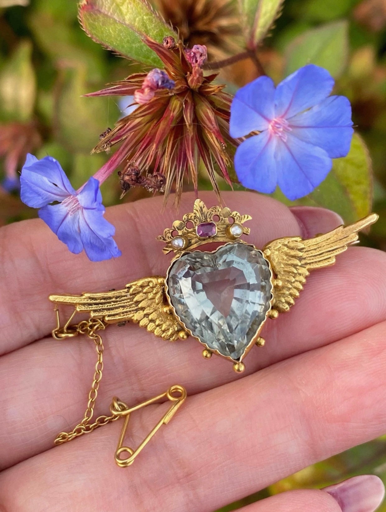 Edwardian Winged Heart Brooch 15ct Gold Natural Aquamarine, Ruby & Pearl c.1900 Antique Angel Wing Crown Design Collectible Jewel