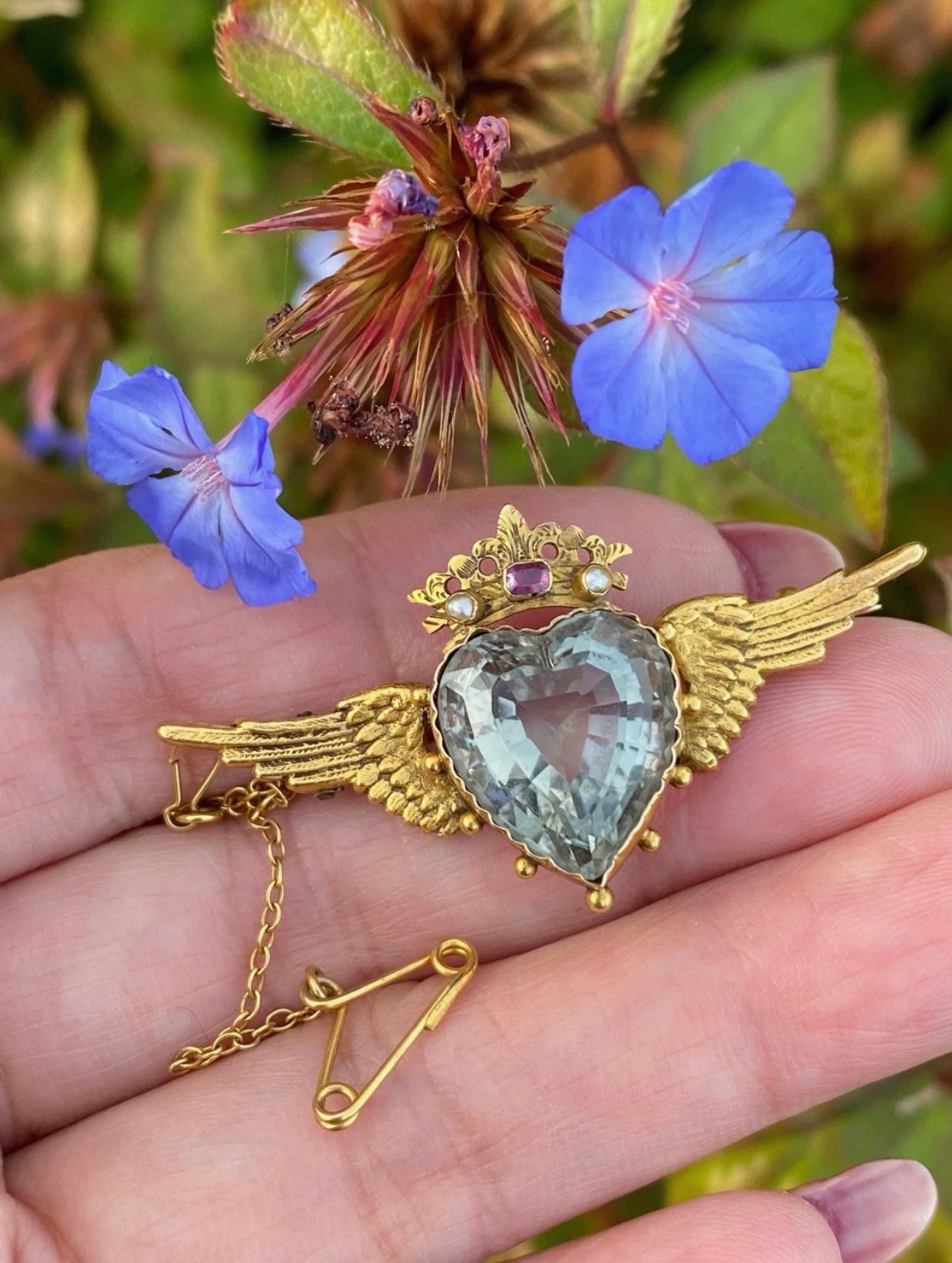 Edwardian Winged Heart Brooch 15ct Gold Natural Aquamarine, Ruby & Pearl c.1900 Antique Angel Wing Crown Design Collectible Jewel