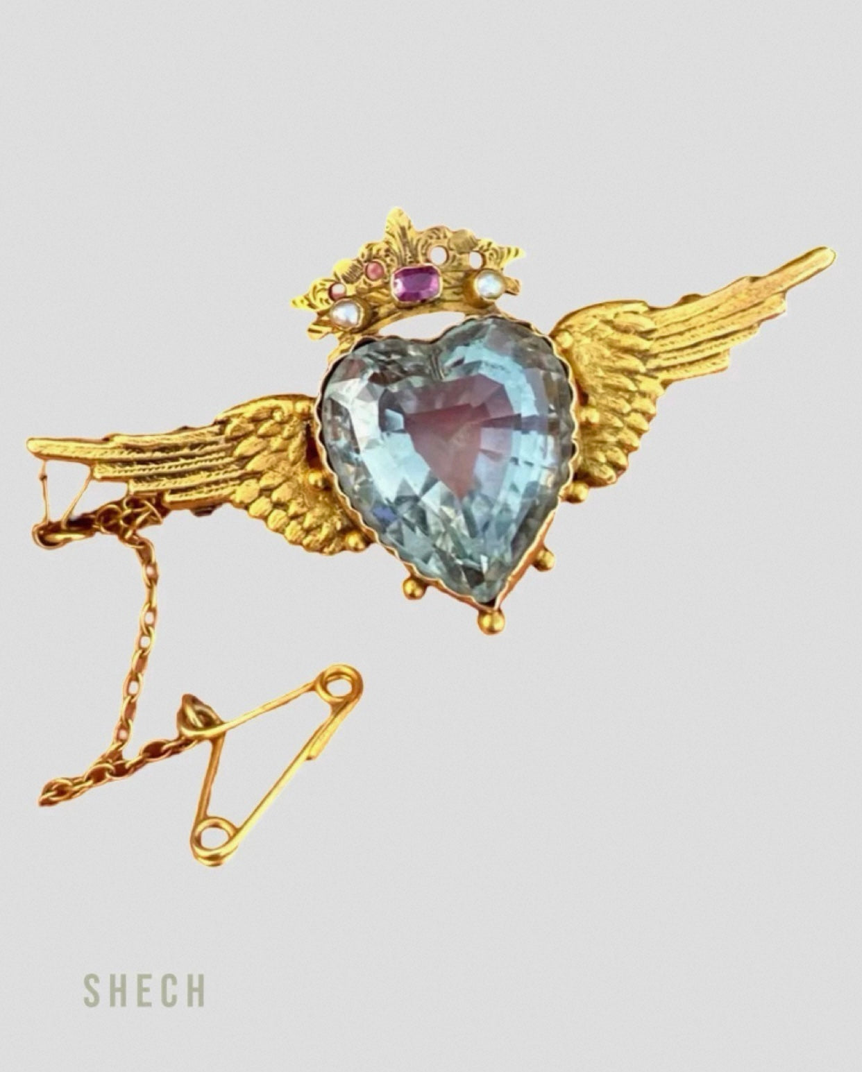 Edwardian Winged Heart Brooch 15ct Gold Natural Aquamarine, Ruby & Pearl c.1900 Antique Angel Wing Crown Design Collectible Jewel