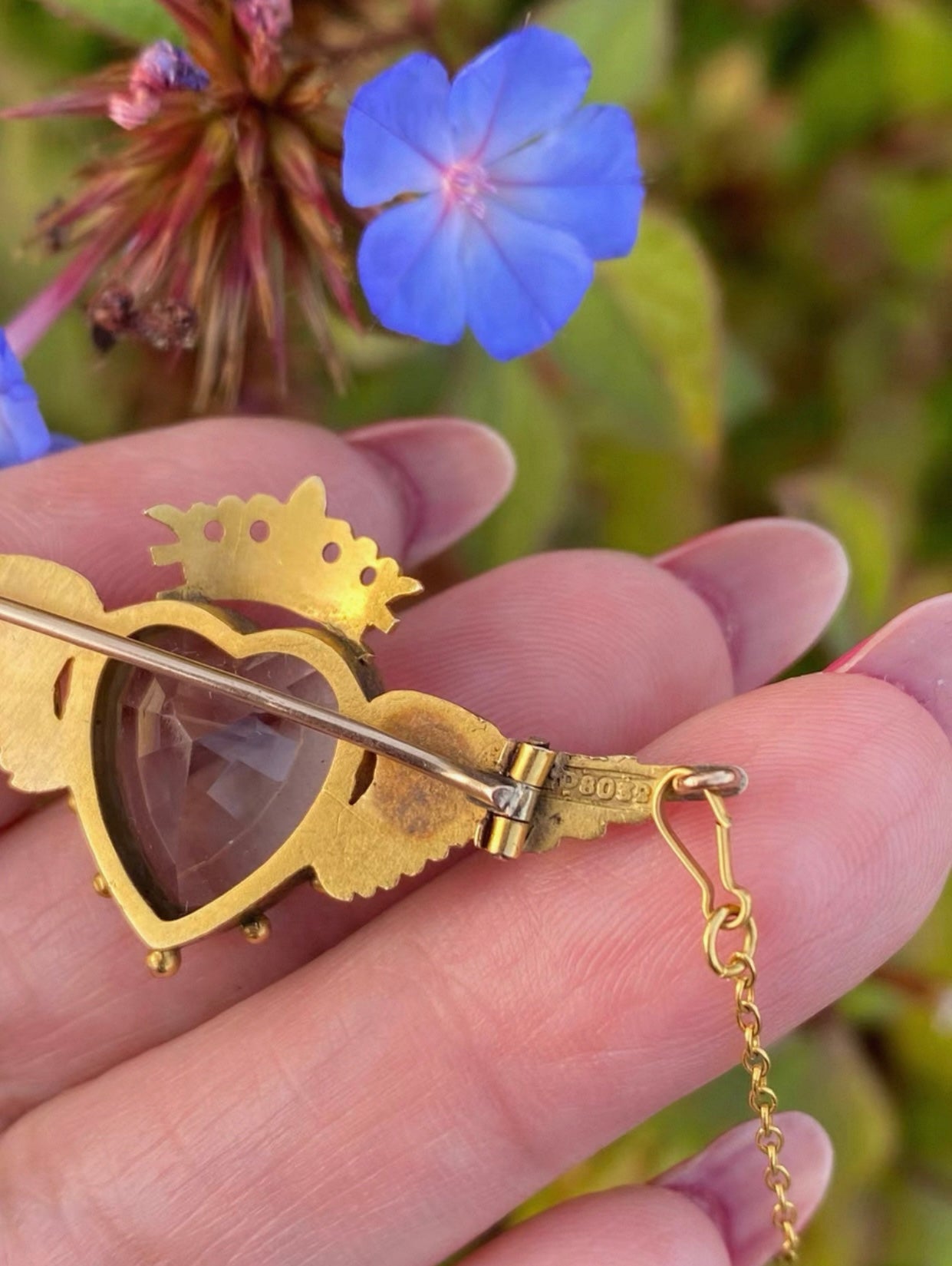 Edwardian Winged Heart Brooch 15ct Gold Natural Aquamarine, Ruby & Pearl c.1900 Antique Angel Wing Crown Design Collectible Jewel