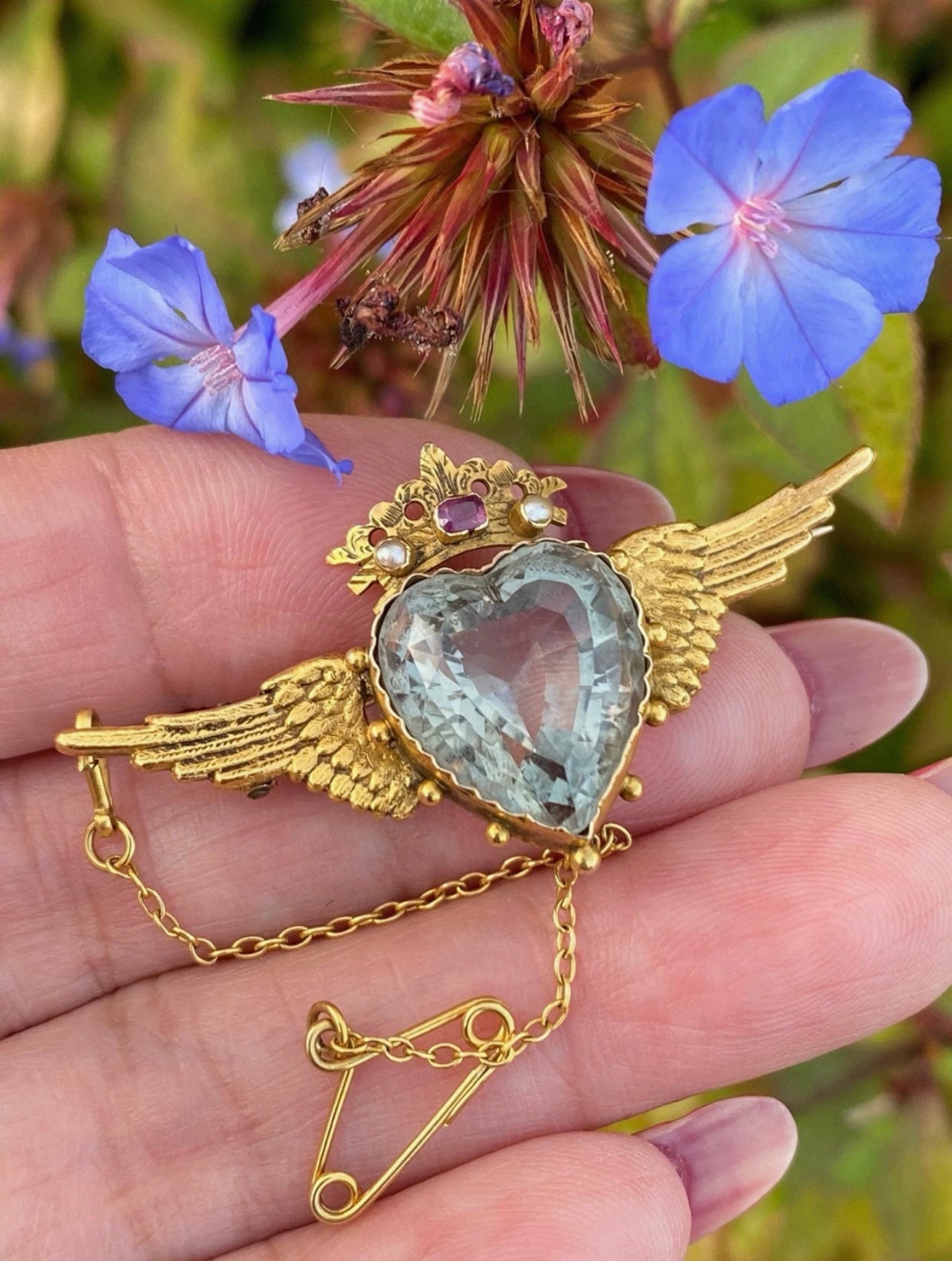 Edwardian Winged Heart Brooch 15ct Gold Natural Aquamarine, Ruby & Pearl c.1900 Antique Angel Wing Crown Design Collectible Jewel