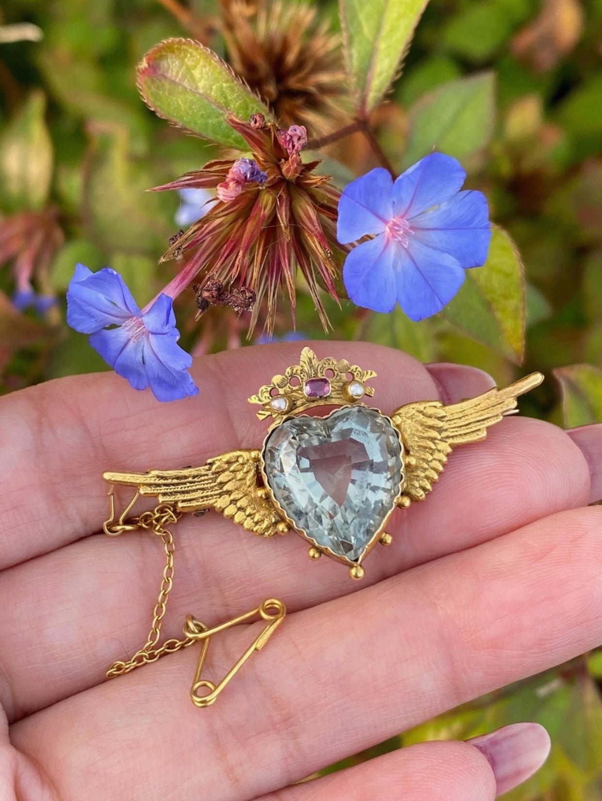 Edwardian Winged Heart Brooch 15ct Gold Natural Aquamarine, Ruby & Pearl c.1900 Antique Angel Wing Crown Design Collectible Jewel