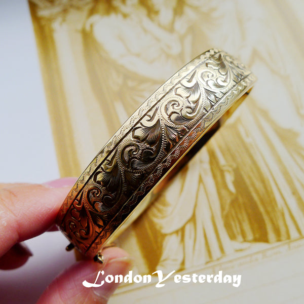 ENGLISH 9CT GOLD METAL CORE MARKED ENGRAVED BANGLE - SHECH