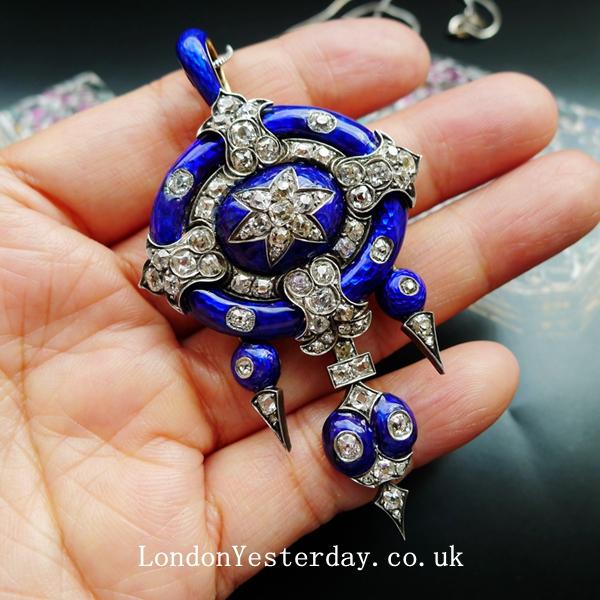 VICTORIAN 18CT GOLD BLUE ENAMEL OLD CUT DIAMOND AMAZING PENDANT
