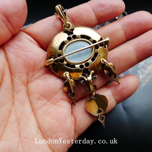 VICTORIAN 18CT GOLD BLUE ENAMEL OLD CUT DIAMOND AMAZING PENDANT