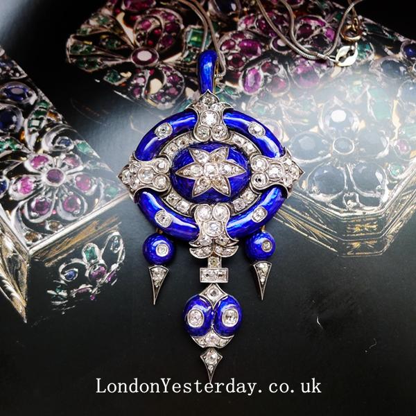 VICTORIAN 18CT GOLD BLUE ENAMEL OLD CUT DIAMOND AMAZING PENDANT