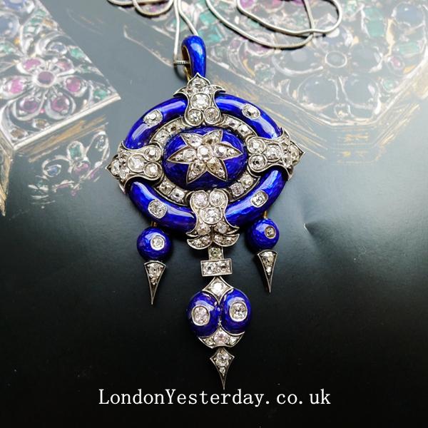 VICTORIAN 18CT GOLD BLUE ENAMEL OLD CUT DIAMOND AMAZING PENDANT