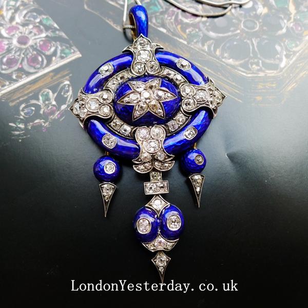 VICTORIAN 18CT GOLD BLUE ENAMEL OLD CUT DIAMOND AMAZING PENDANT