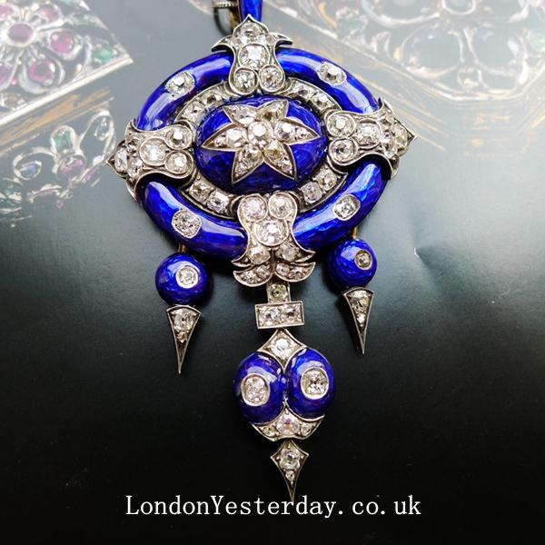 VICTORIAN 18CT GOLD BLUE ENAMEL OLD CUT DIAMOND AMAZING PENDANT