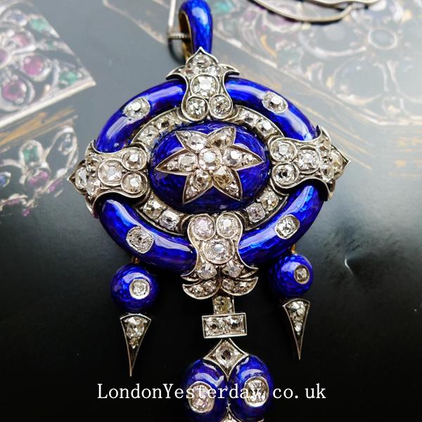 VICTORIAN 18CT GOLD BLUE ENAMEL OLD CUT DIAMOND AMAZING PENDANT