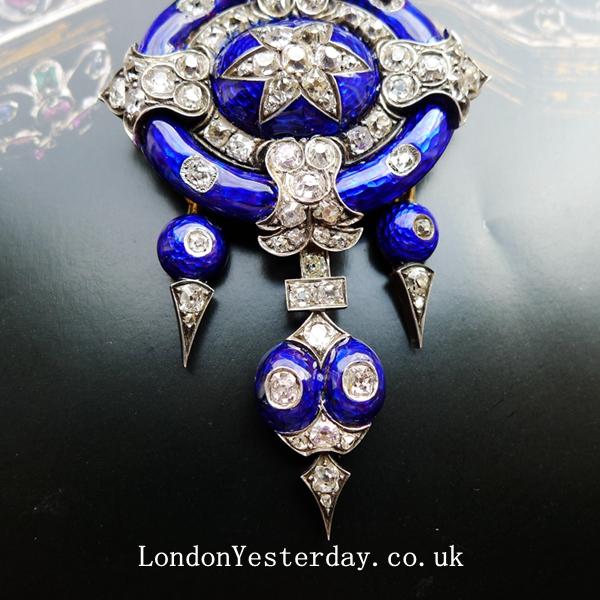 VICTORIAN 18CT GOLD BLUE ENAMEL OLD CUT DIAMOND AMAZING PENDANT