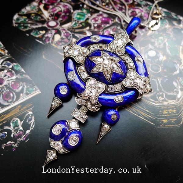 VICTORIAN 18CT GOLD BLUE ENAMEL OLD CUT DIAMOND AMAZING PENDANT