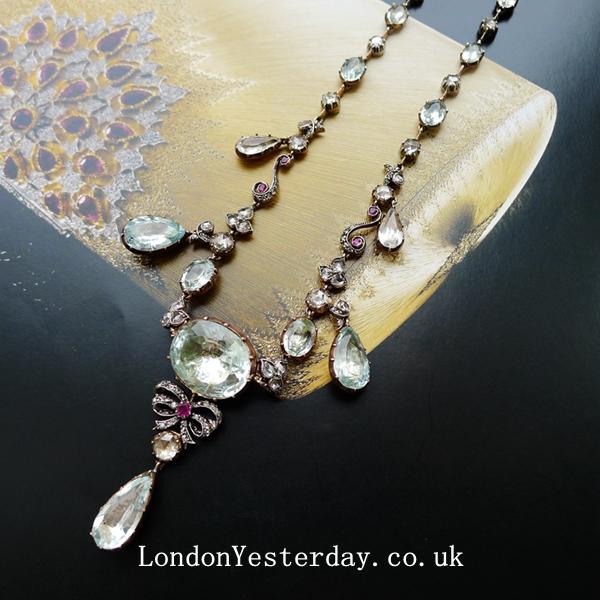 GEORGIAN GOLD ON SILVER NATURAL AQUAMARINE RUBY FRINGE NECKLACE