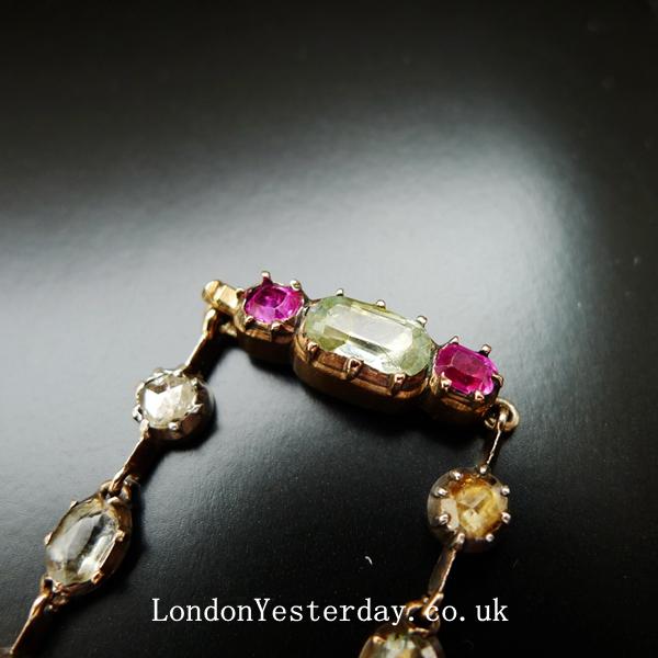 GEORGIAN GOLD ON SILVER NATURAL AQUAMARINE RUBY FRINGE NECKLACE