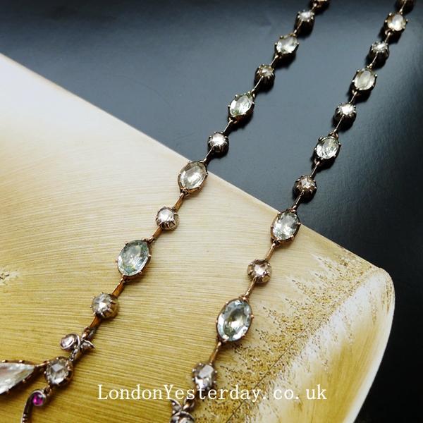 GEORGIAN GOLD ON SILVER NATURAL AQUAMARINE RUBY FRINGE NECKLACE