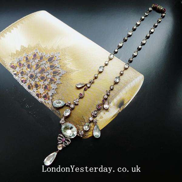 GEORGIAN GOLD ON SILVER NATURAL AQUAMARINE RUBY FRINGE NECKLACE
