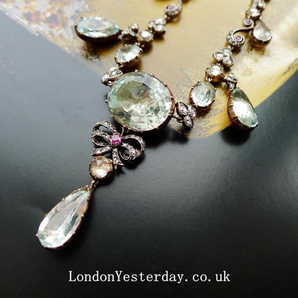 GEORGIAN GOLD ON SILVER NATURAL AQUAMARINE RUBY FRINGE NECKLACE
