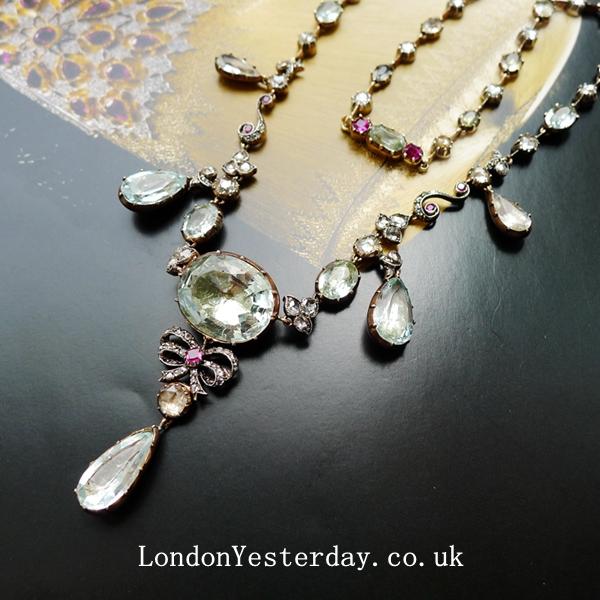 GEORGIAN GOLD ON SILVER NATURAL AQUAMARINE RUBY FRINGE NECKLACE