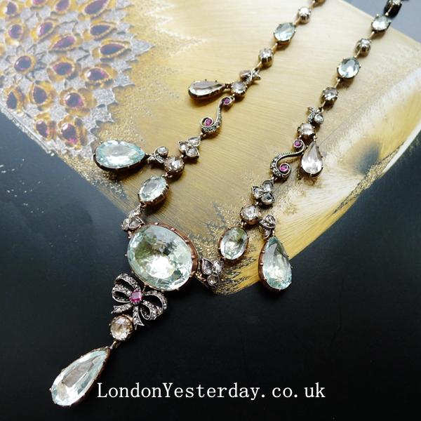 GEORGIAN GOLD ON SILVER NATURAL AQUAMARINE RUBY FRINGE NECKLACE
