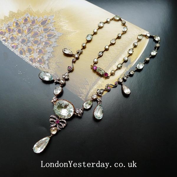 GEORGIAN GOLD ON SILVER NATURAL AQUAMARINE RUBY FRINGE NECKLACE