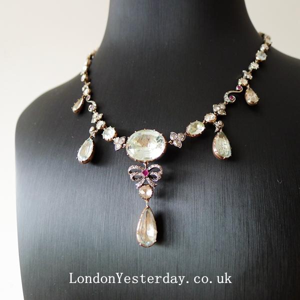 GEORGIAN GOLD ON SILVER NATURAL AQUAMARINE RUBY FRINGE NECKLACE