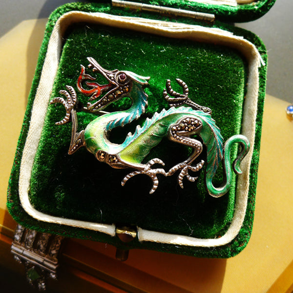 極美品  91 Brooch 925 Vintage STERLING SILVER MARKED BEAUTIFUL ENAMEL MARCASITE DRAGON