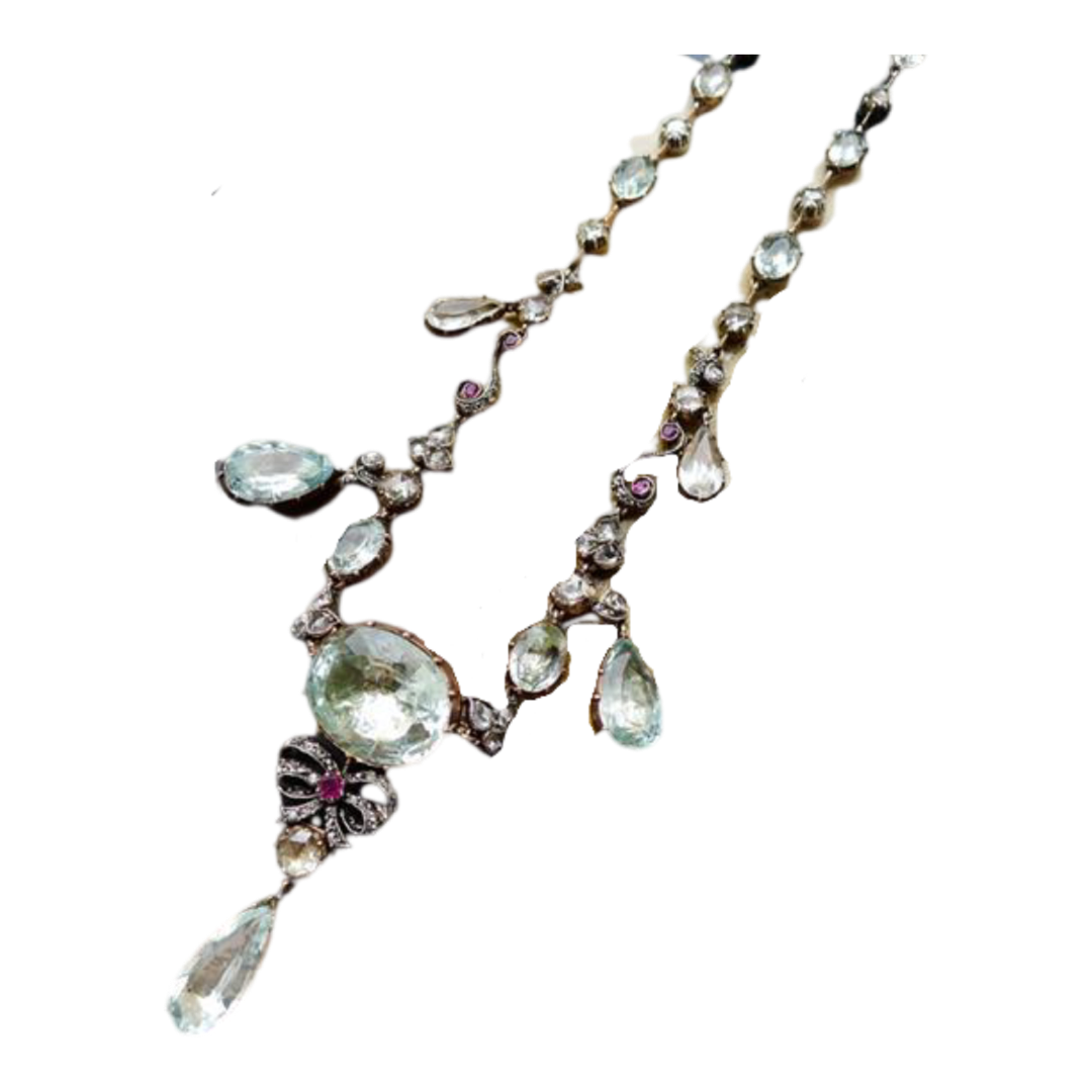 GEORGIAN GOLD ON SILVER NATURAL AQUAMARINE RUBY FRINGE NECKLACE