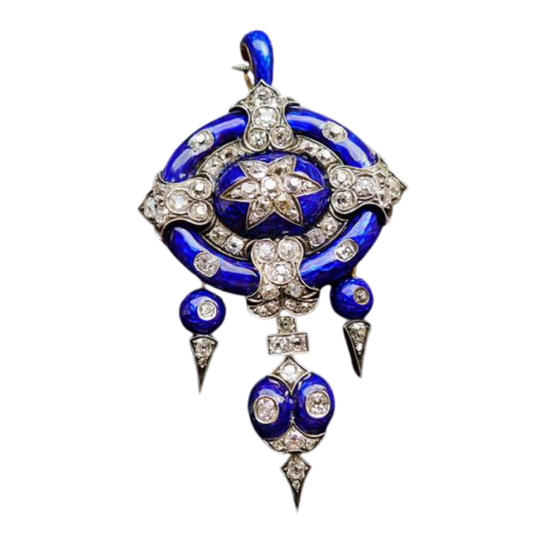 VICTORIAN 18CT GOLD BLUE ENAMEL OLD CUT DIAMOND AMAZING PENDANT