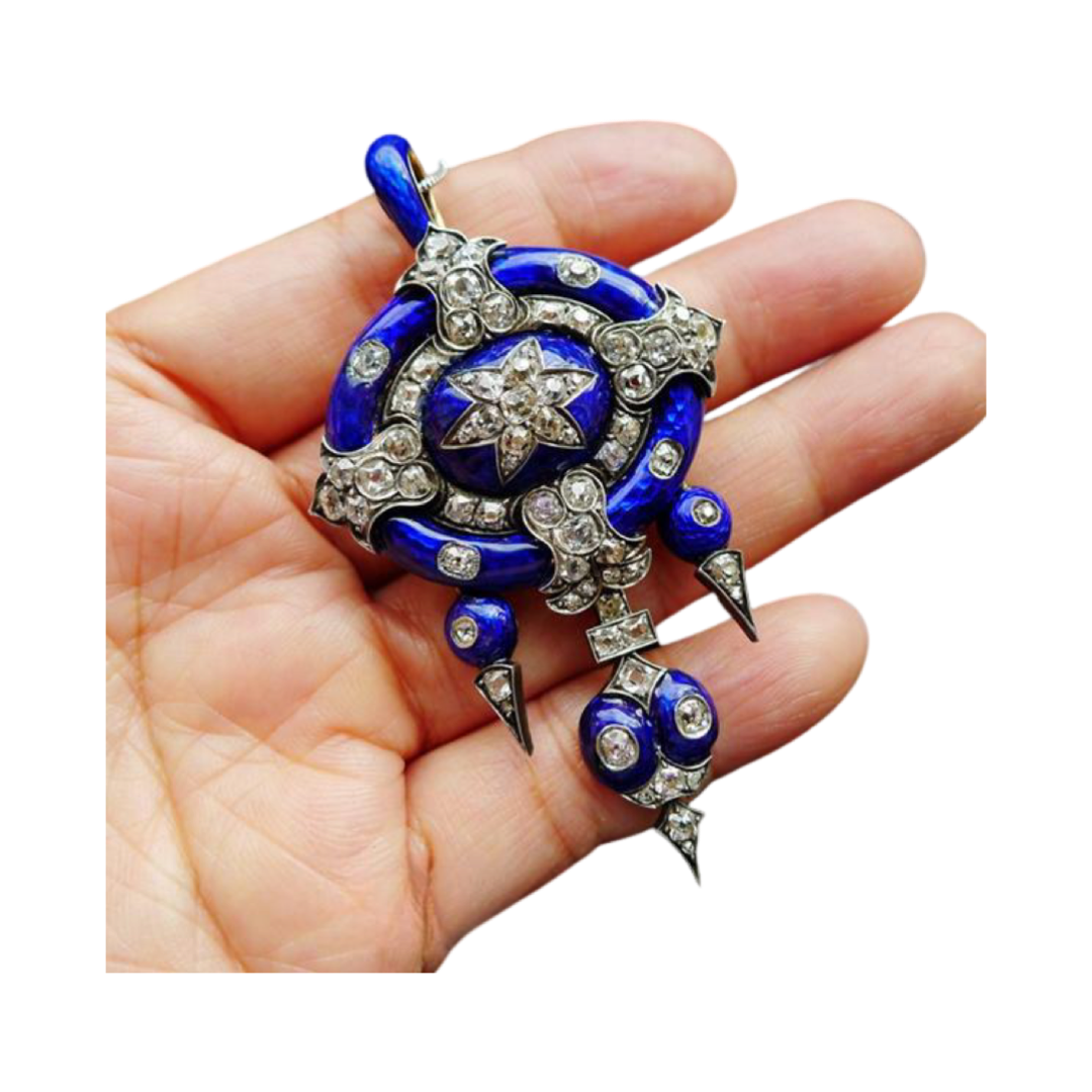 VICTORIAN 18CT GOLD BLUE ENAMEL OLD CUT DIAMOND AMAZING PENDANT