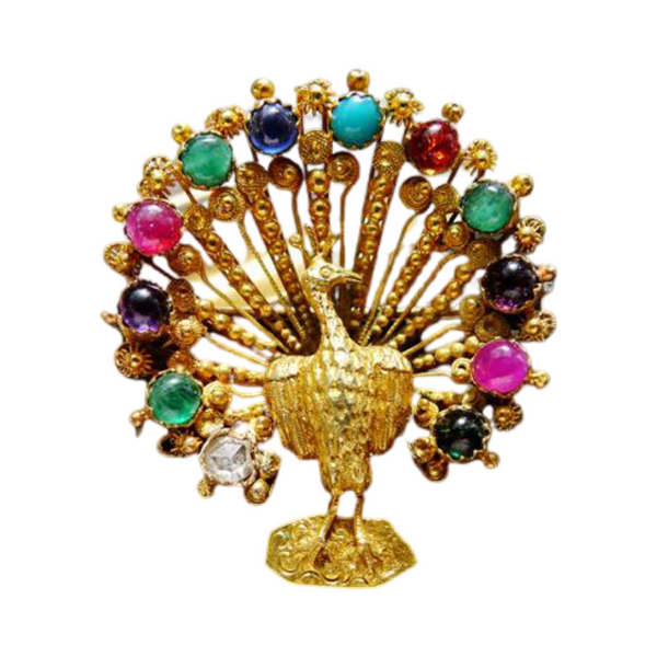 GEORGIAN 18CT GOLD NATURAL GEMSTONES DIAMOND DEARST PEACOCK BROOCH 