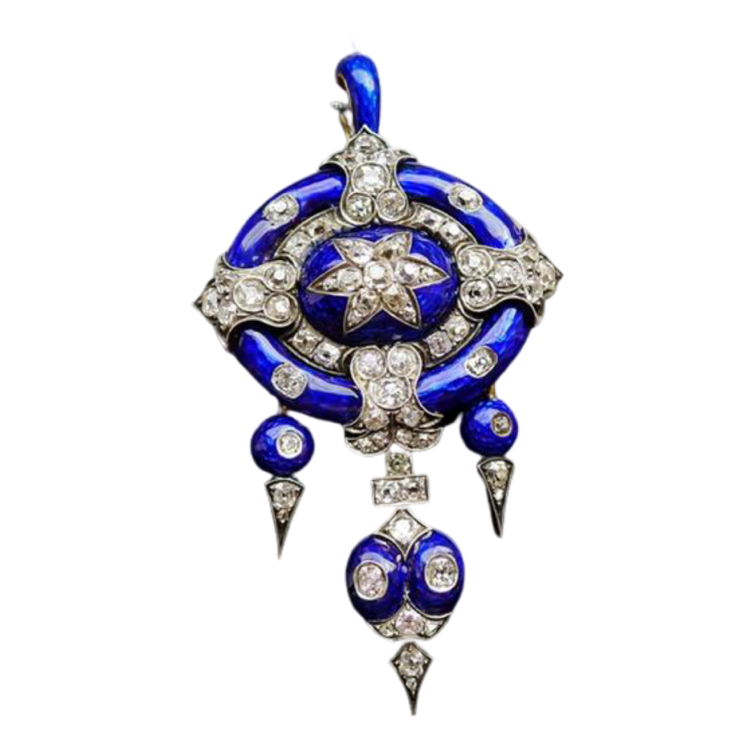 VICTORIAN 18CT GOLD BLUE ENAMEL OLD CUT DIAMOND AMAZING PENDANT