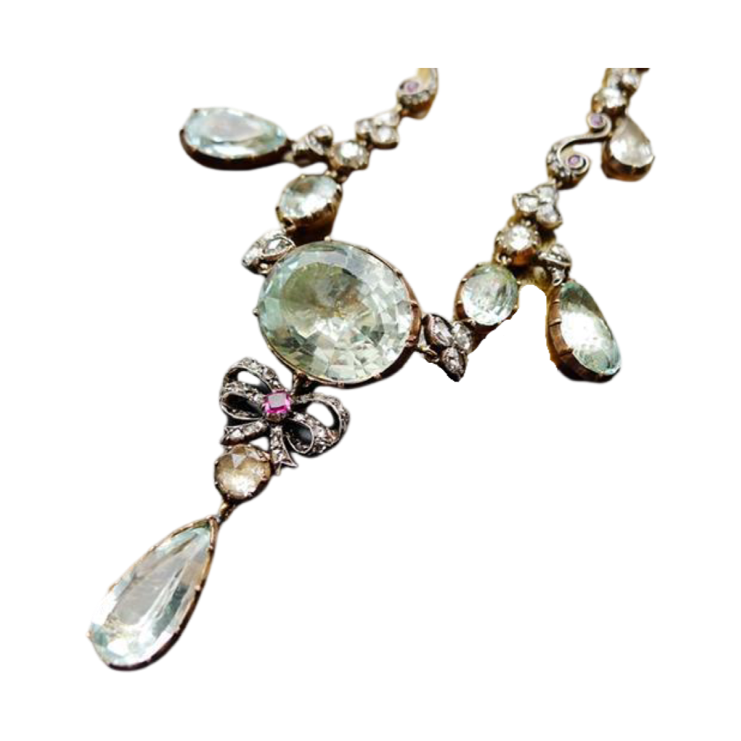 GEORGIAN GOLD ON SILVER NATURAL AQUAMARINE RUBY FRINGE NECKLACE