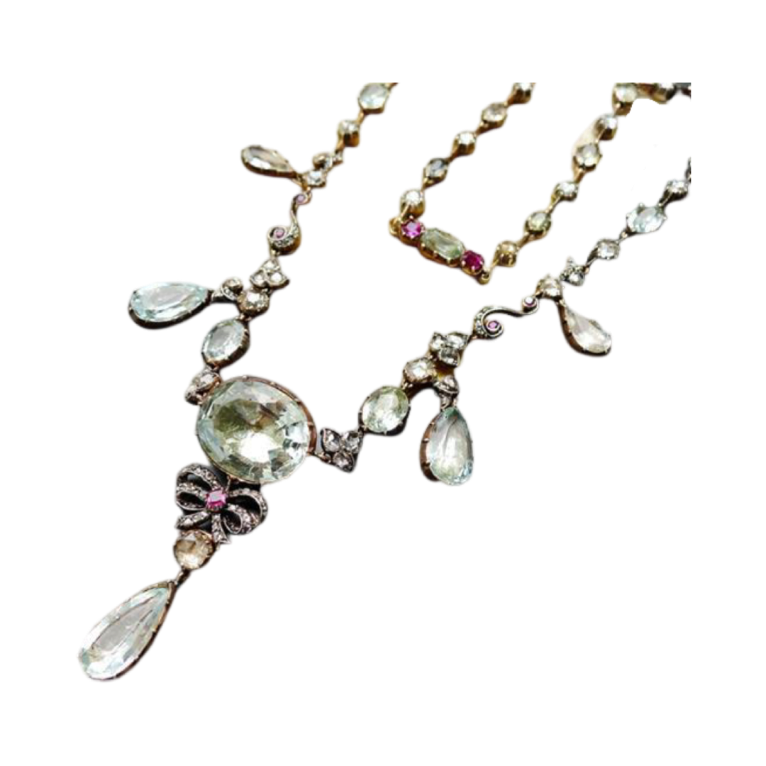 GEORGIAN GOLD ON SILVER NATURAL AQUAMARINE RUBY FRINGE NECKLACE