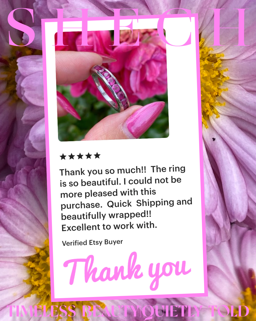 Thank you so much!! The ring is so beautiful. I could not be more pleased with this purchase.