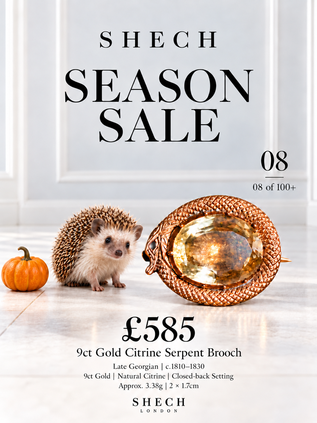 SEASON SALL- Georgian 9ct Gold Natural Citrine Ouroboros Snake Brooch | c.1810–1830