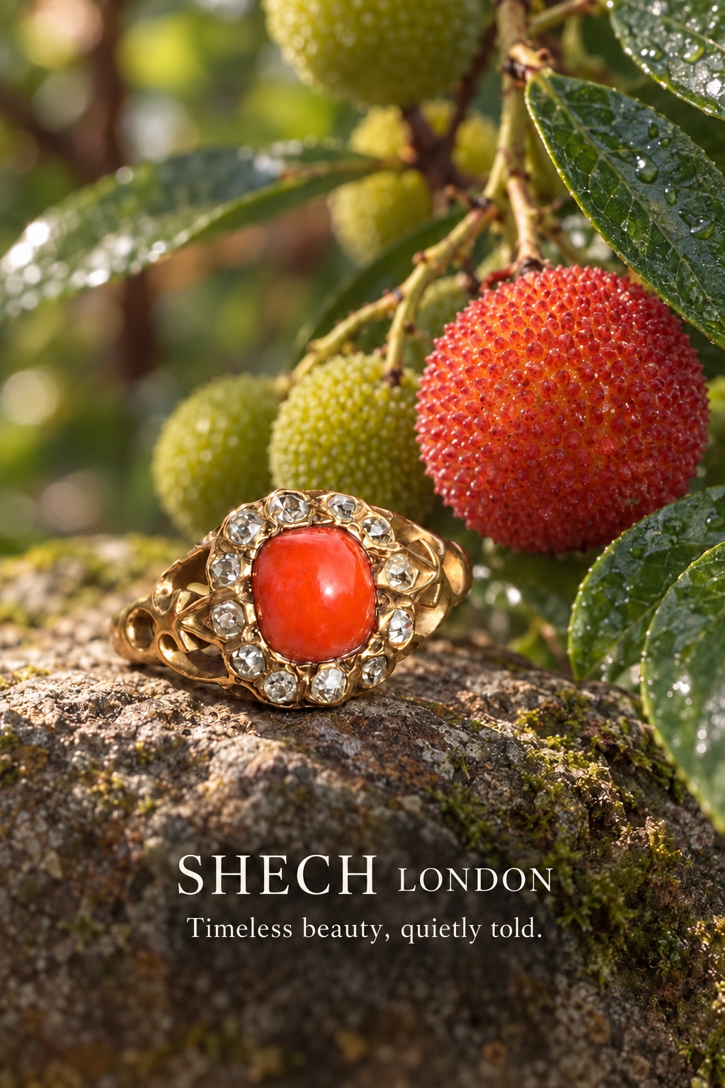 1937 British 18ct Gold Natural Coral & Old Mine Cut Diamond Ring, Birmingham Hallmarks, Vintage Coral Cluster Ring