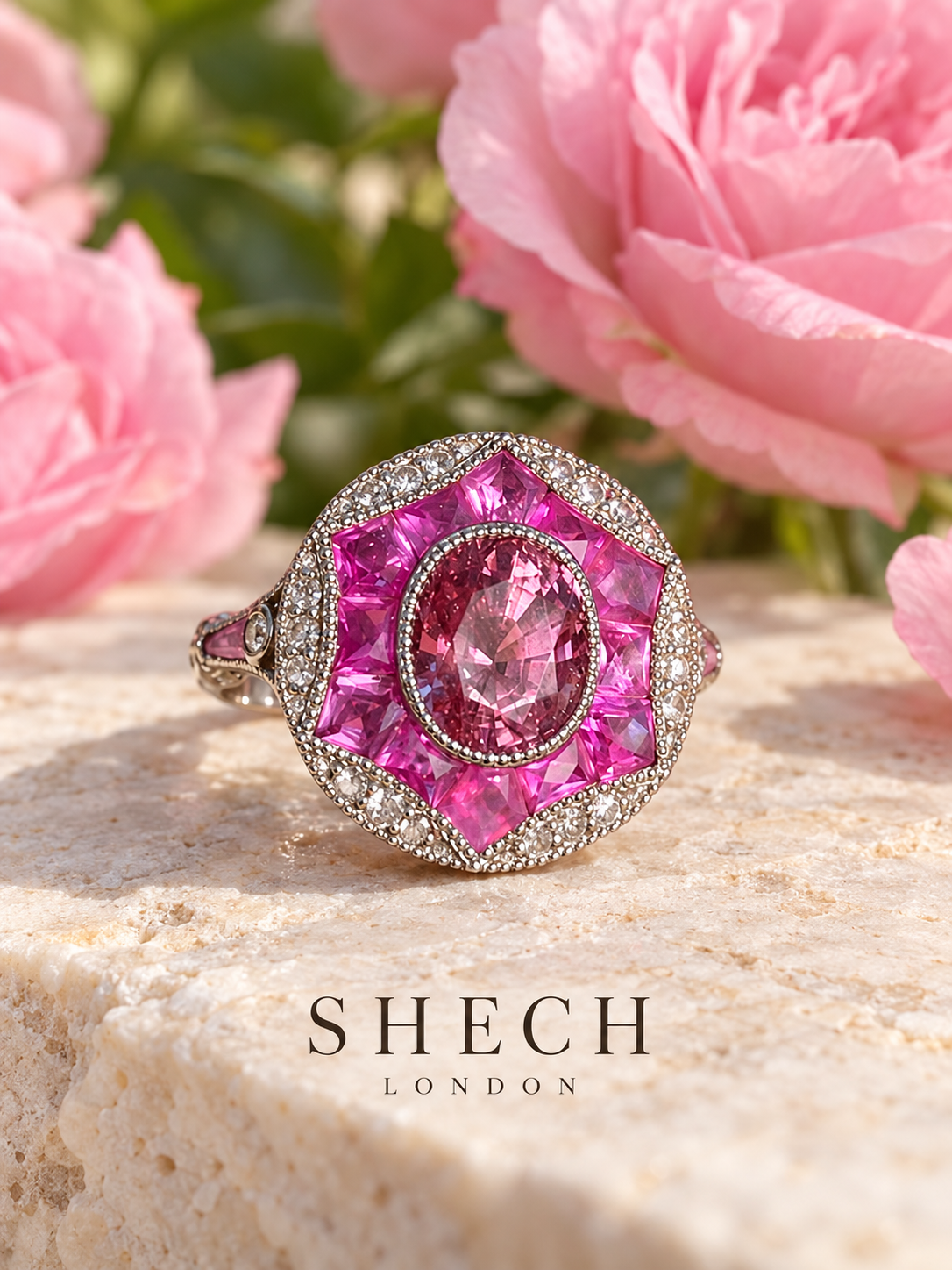 1.88ct Natural Pink Spinel, Ruby & Diamond Ring in PT950 Platinum | Art Deco Style | GGL Certificate