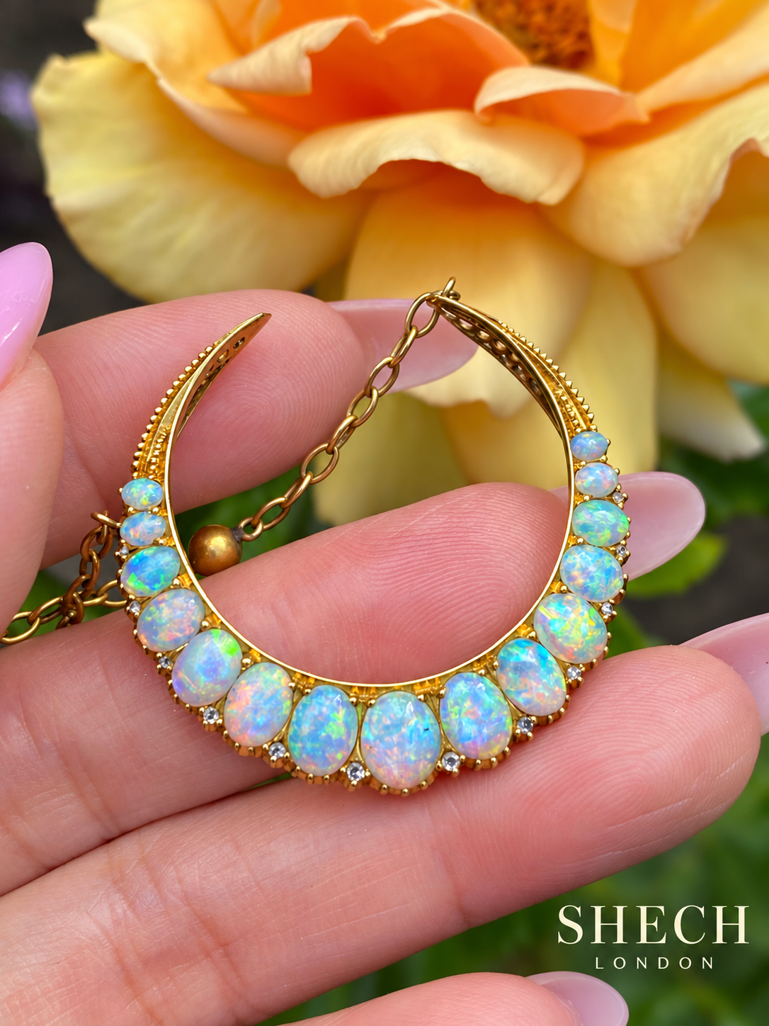 Antique Victorian 18ct Gold Natural Opal & Diamond Crescent Pendant Necklace  Converted from a Victorian Brooch | Antique 10ct Gold Chain | England, circa 1890