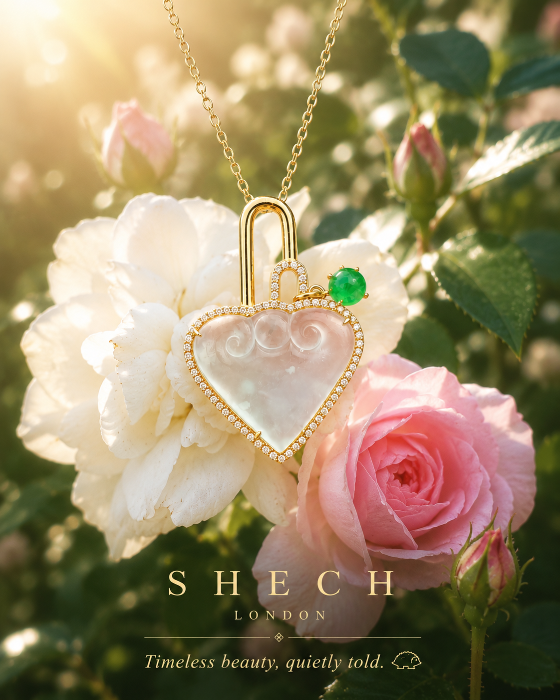 Natural Jadeite Ruyi Cloud Heart Lock Pendant in 18K Gold with Diamonds