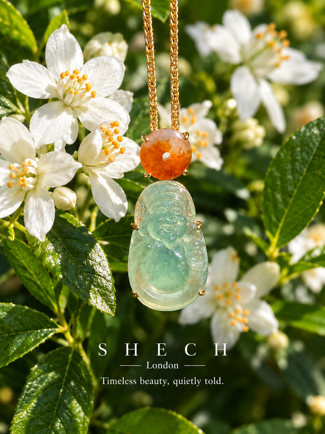 18K Gold Natural Red and Green Jadeite Pendant | Peace Buckle and God of Wealth