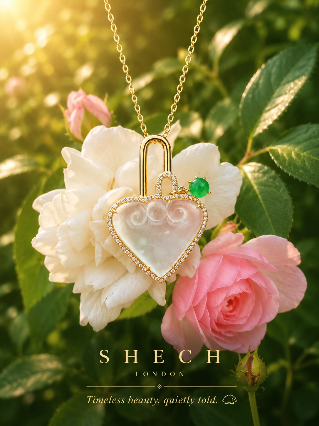 Natural Jadeite Ruyi Cloud Heart Lock Pendant in 18K Gold with Diamonds