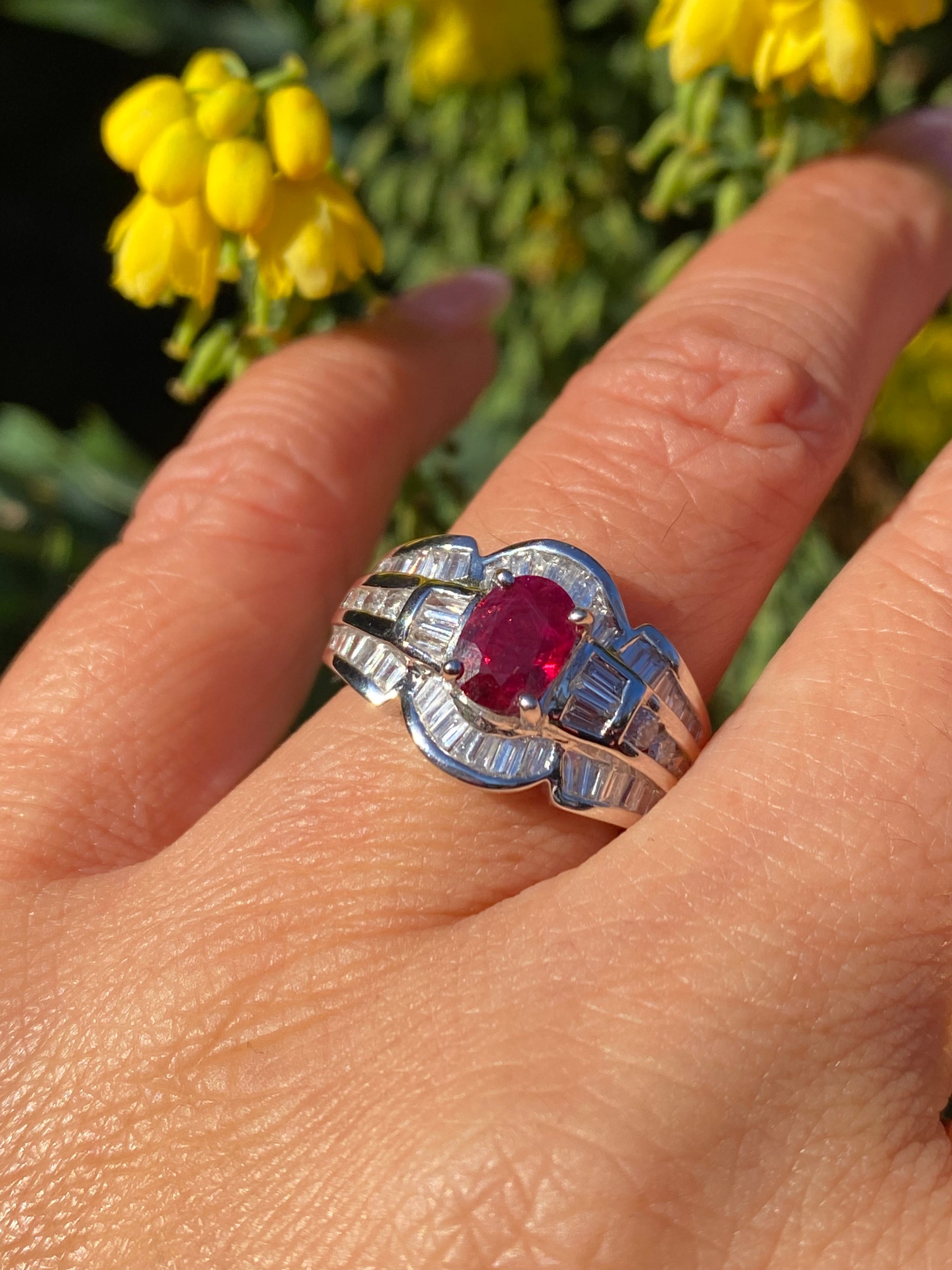 18k White Gold Natural Unheated Ruby & Diamond Ring Art Deco Inspired 1.07ct Ruby