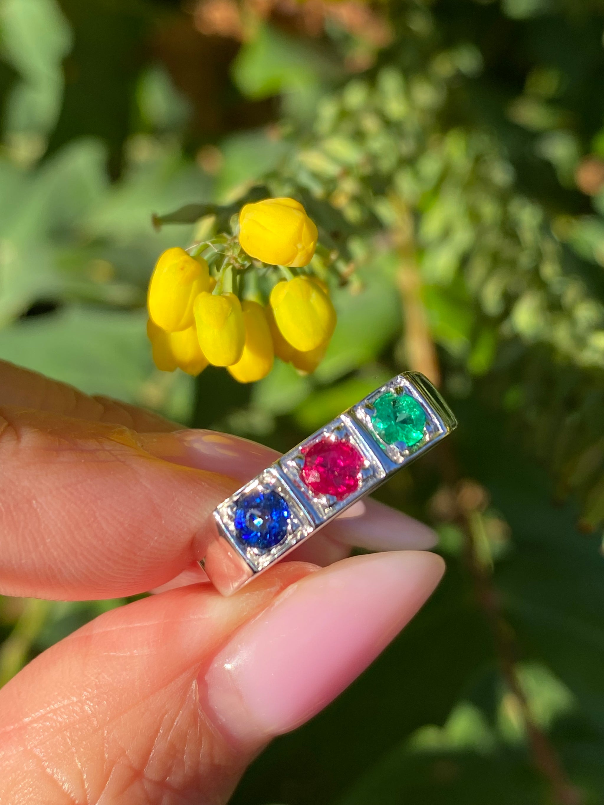 18k White Gold Three-Stone Ring Natural Ruby, Sapphire & Emerald Modern Color Gem Band