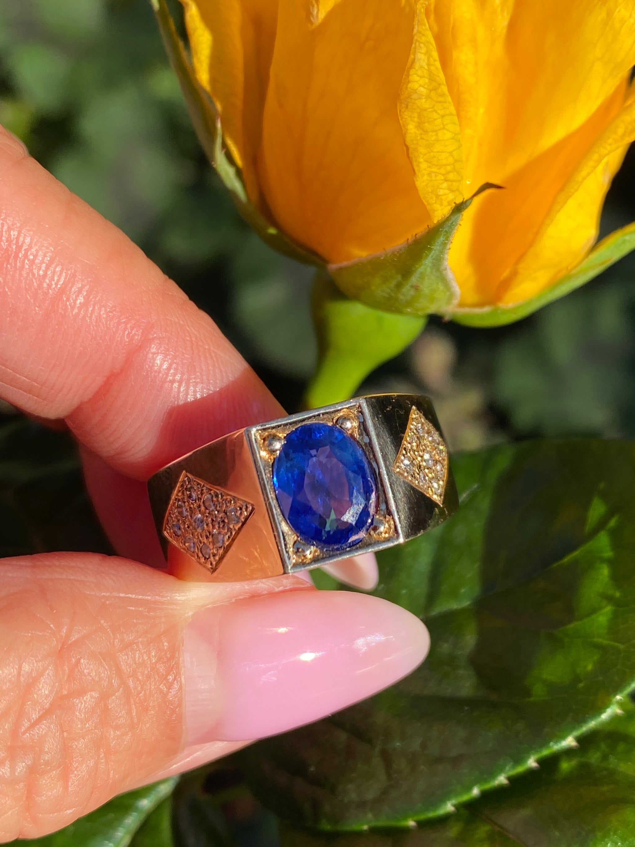 14K Gold Natural Blue Sapphire & Diamond Ring Modern Geometric Design