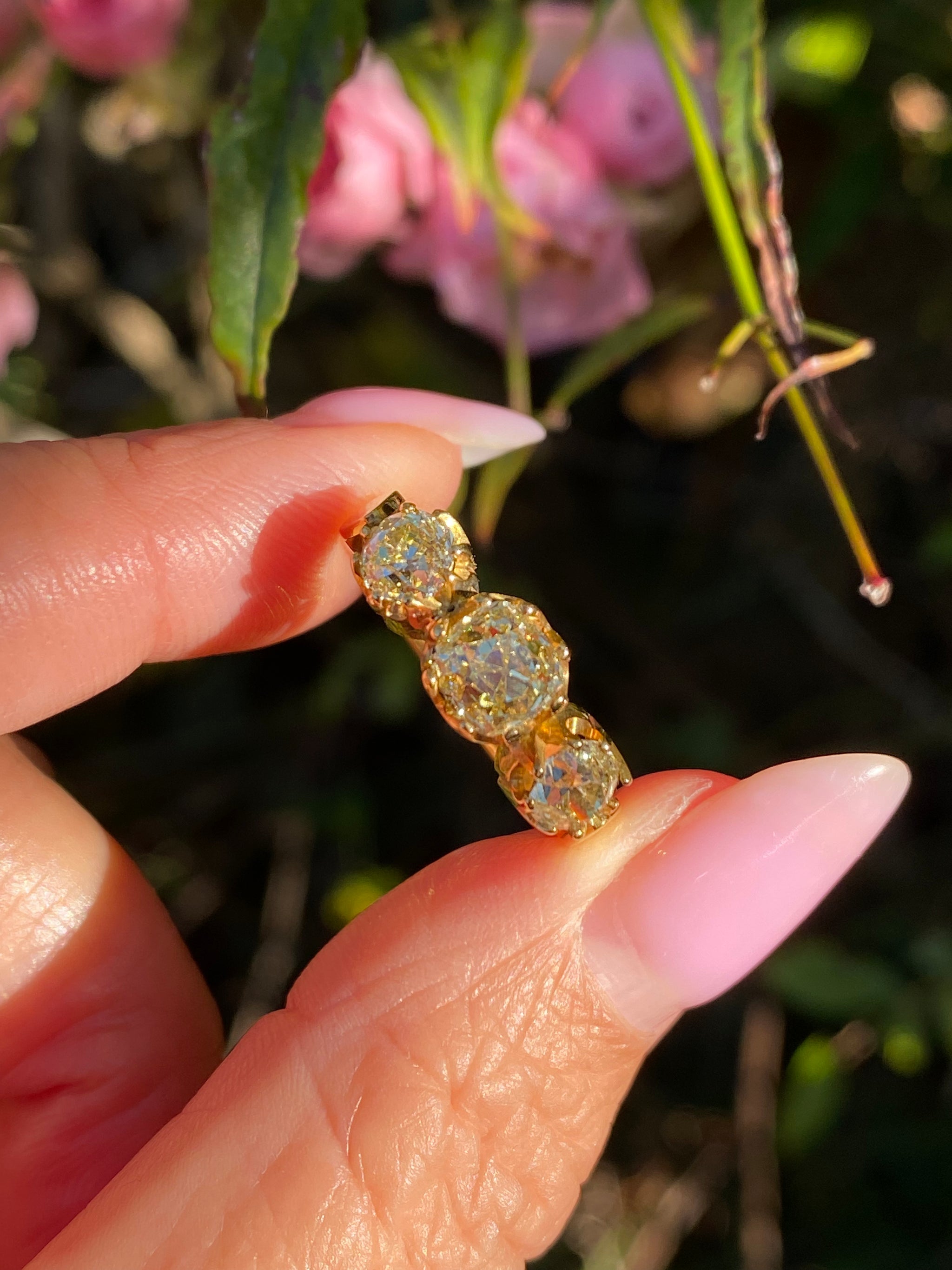 Antique Old Mine Cut Yellow Diamond Three-Stone Ring 15ct Gold Setting 1.95ct Antique Diamonds with New Shank