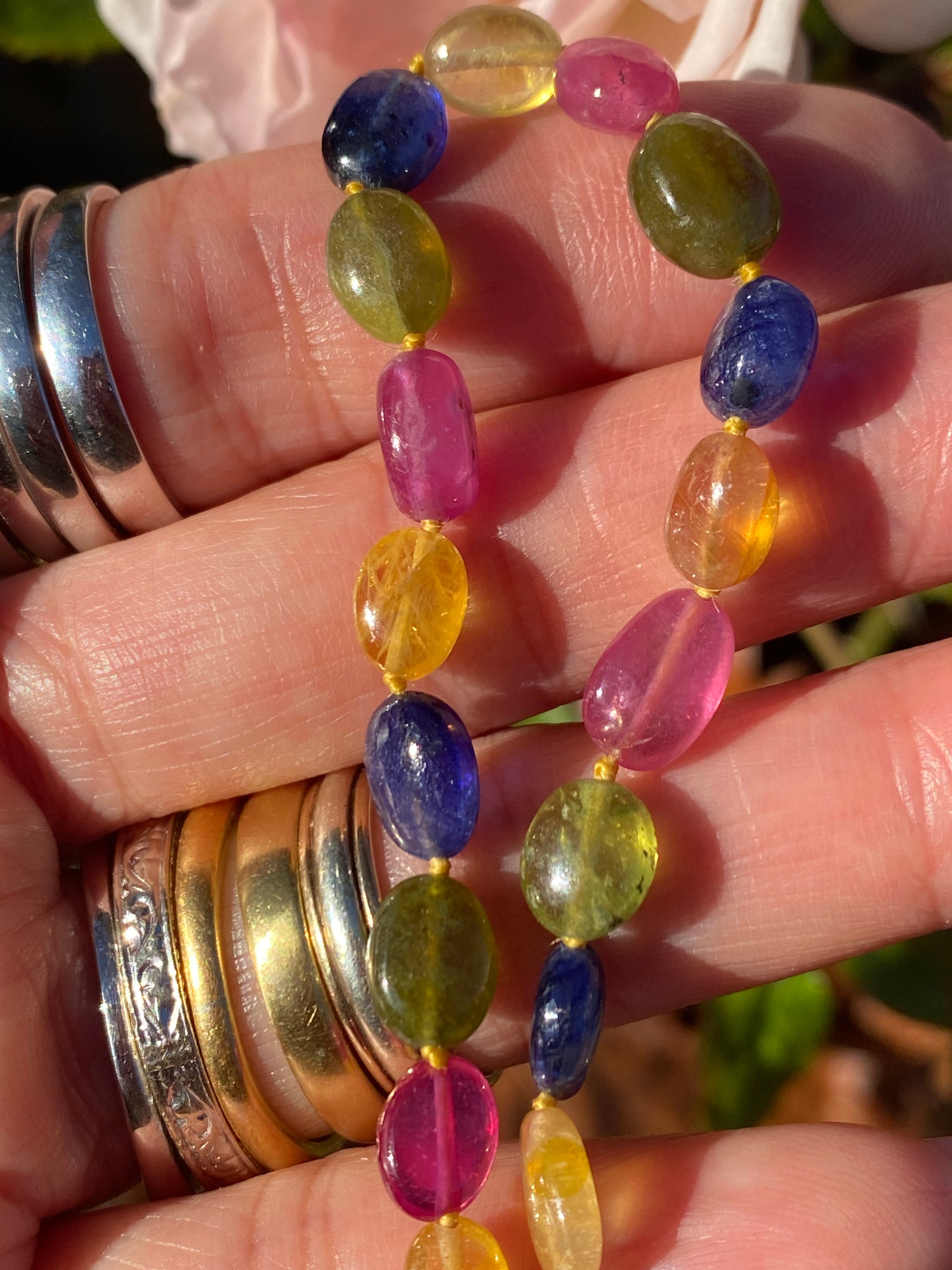 14k Gold Natural Tourmaline Bracelet Multi-Color Cabochon Tourmaline 19 Beads Fine Gemstone Jewellery